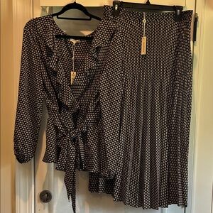 Max Studio Black and White Geometric Midi Skirt and Wrap Top Set